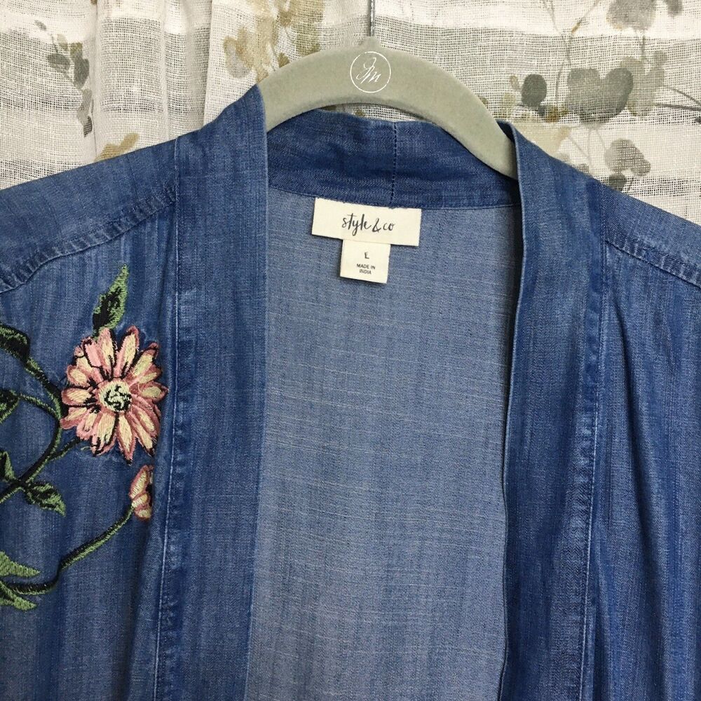 Style & Co Embroidered Chambray Kimono L Open Front  Boho Cottagecore Festival - Picture 5 of 16